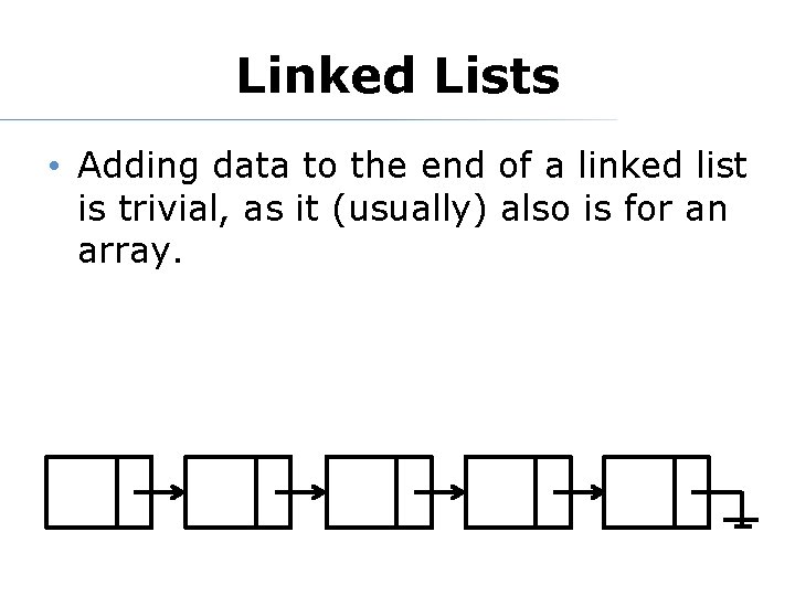 Linked Lists • Adding data to the end of a linked list is trivial,