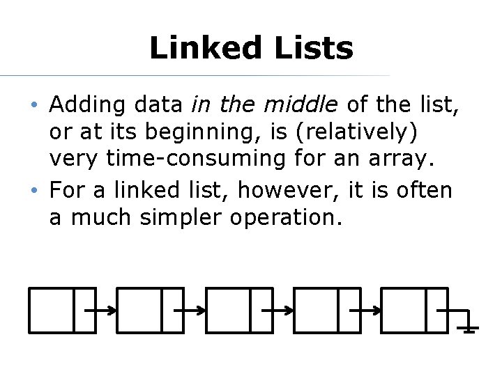 Linked Lists • Adding data in the middle of the list, or at its