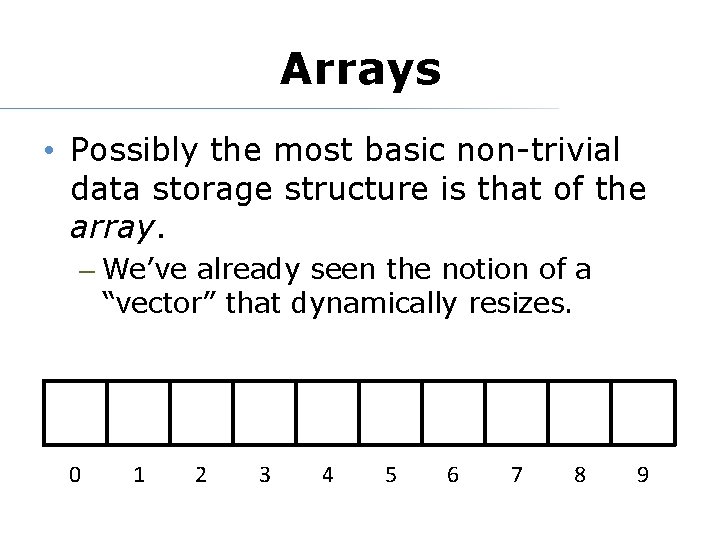 Arrays • Possibly the most basic non-trivial data storage structure is that of the