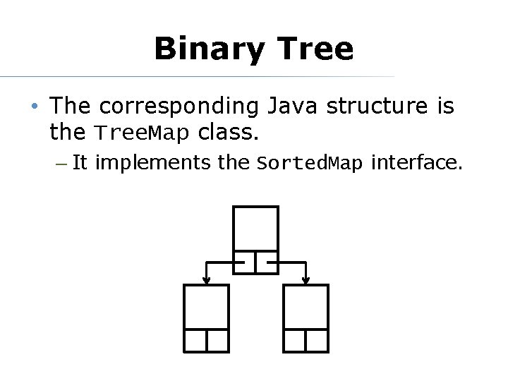 Binary Tree • The corresponding Java structure is the Tree. Map class. – It