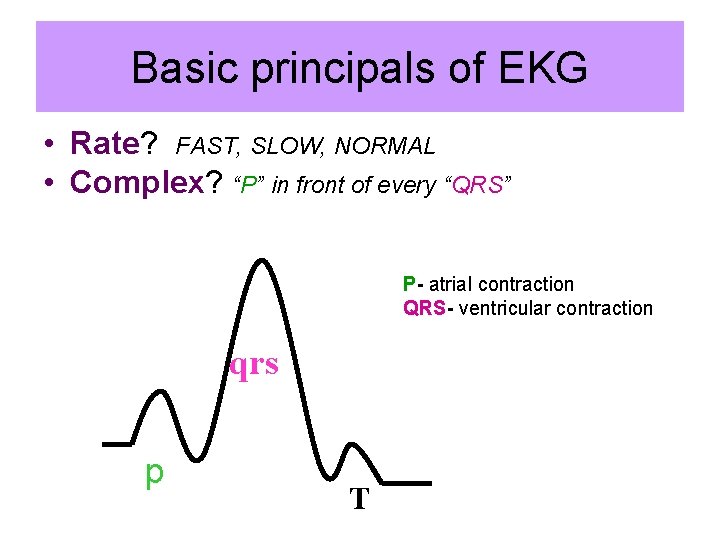 Basic principals of EKG • Rate? FAST, SLOW, NORMAL • Complex? “P” in front