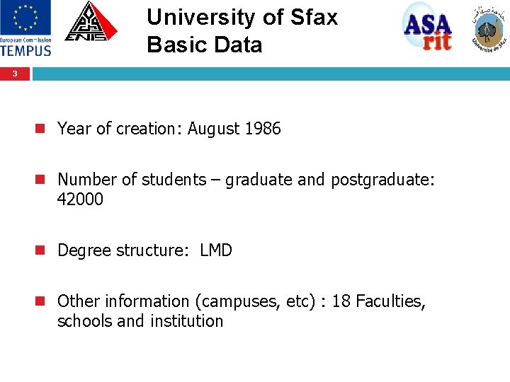 University of Sfax Basic Data 3 n Year of creation: August 1986 n Number