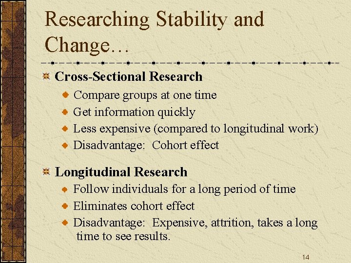 Researching Stability and Change… Cross-Sectional Research Compare groups at one time Get information quickly