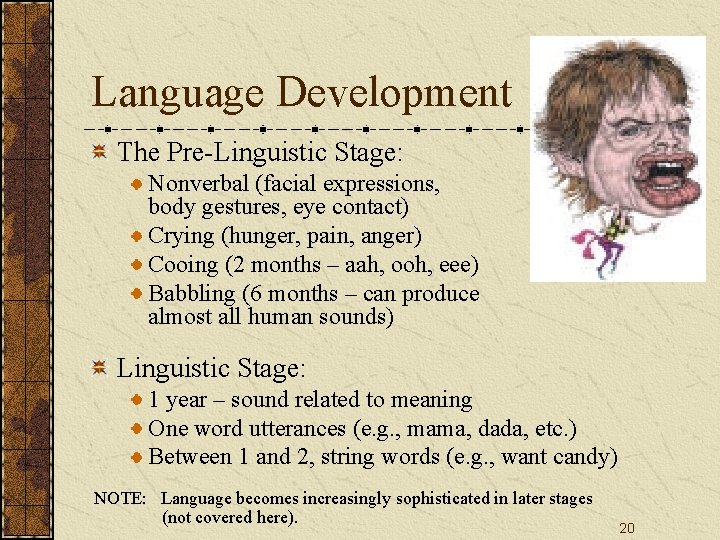 Language Development The Pre-Linguistic Stage: Nonverbal (facial expressions, body gestures, eye contact) Crying (hunger,