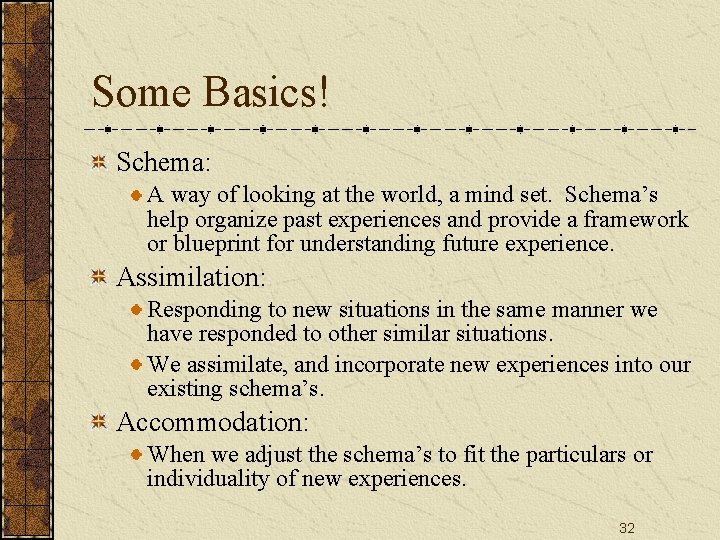 Some Basics! Schema: A way of looking at the world, a mind set. Schema’s Some Basics! Schema: A way of looking at the world, a mind set. Schema’s
