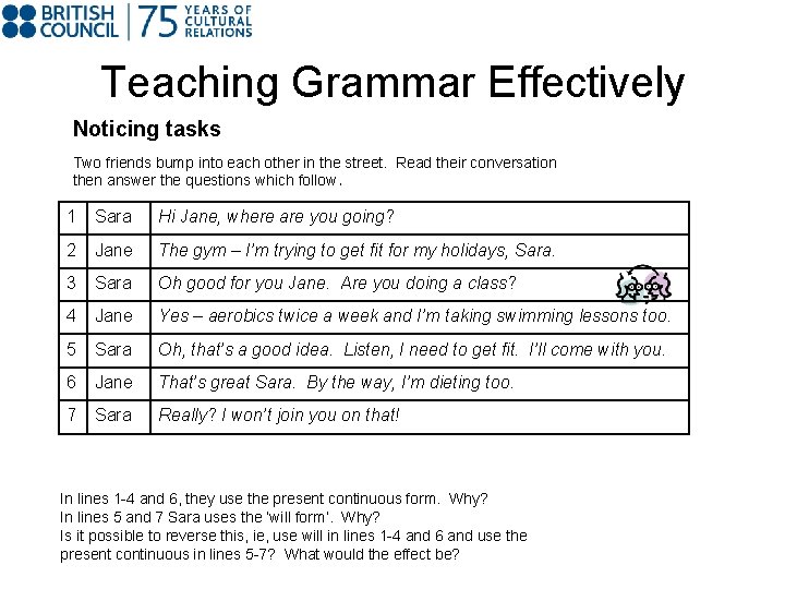 Teaching Grammar Effectively Noticing tasks Two friends bump into each other in the street.