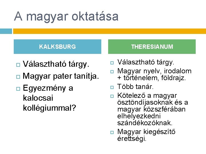 A magyar oktatása KALKSBURG Választható tárgy. Magyar pater tanítja. Egyezmény a kalocsai kollégiummal? THERESIANUM