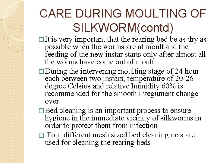 CARE DURING MOULTING OF SILKWORM(contd) � It is very important that the rearing bed
