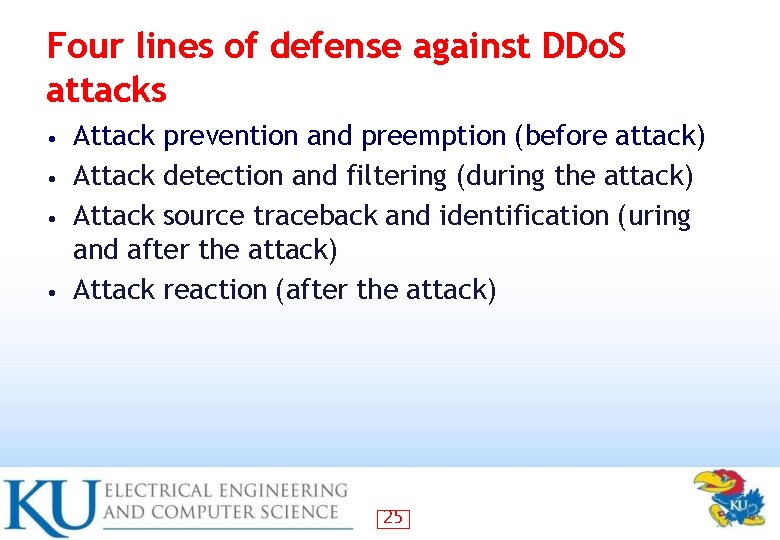 Four lines of defense against DDo. S attacks Attack prevention and preemption (before attack)