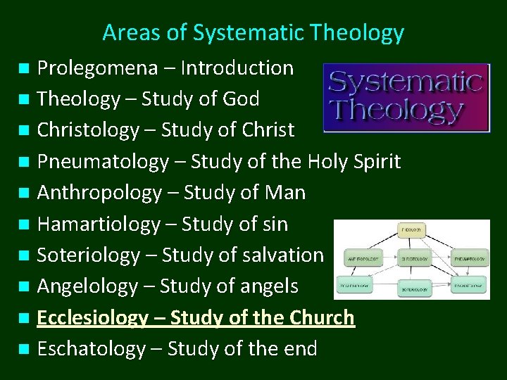 Areas of Systematic Theology Prolegomena – Introduction n Theology – Study of God n