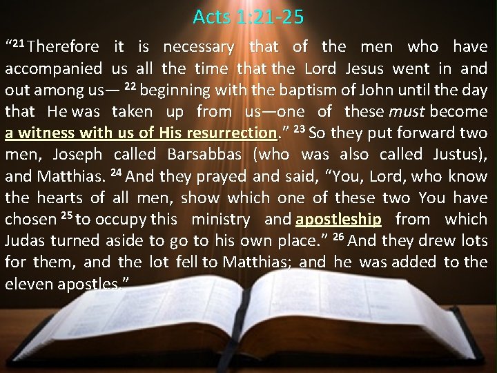Acts 1: 21 -25 “ 21 Therefore it is necessary that of the men