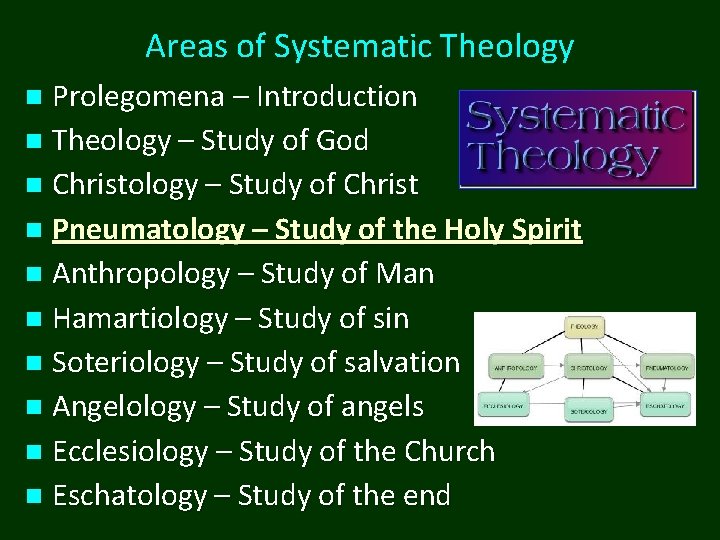 Areas of Systematic Theology Prolegomena – Introduction n Theology – Study of God n