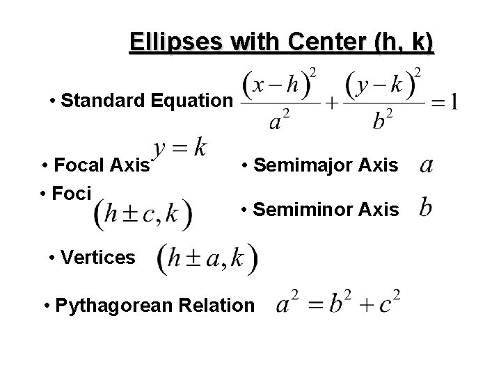 Ellipses with Center (h, k) • Standard Equation • Focal Axis • Foci •