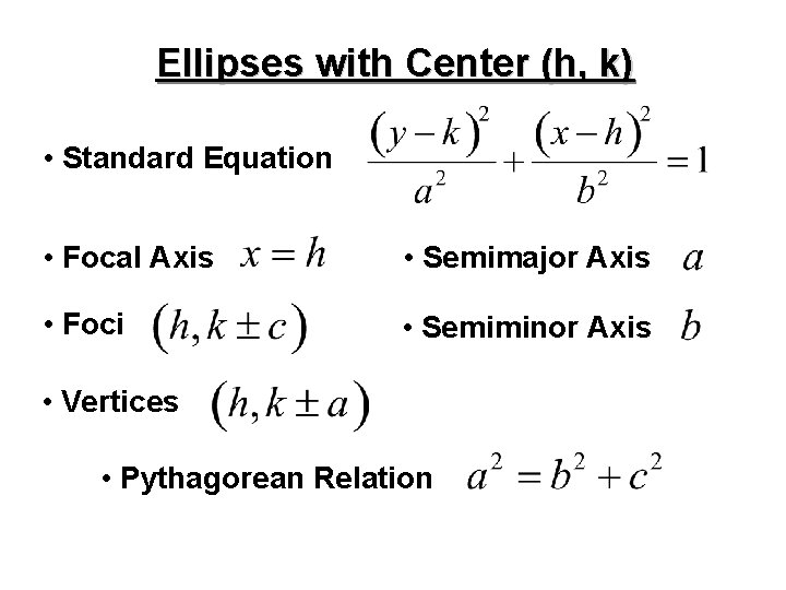 Ellipses with Center (h, k) • Standard Equation • Focal Axis • Semimajor Axis