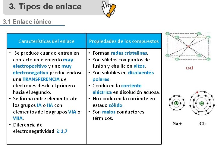 3. Tipos de enlace 3. 1 Enlace iónico Características del enlace Propiedades de los