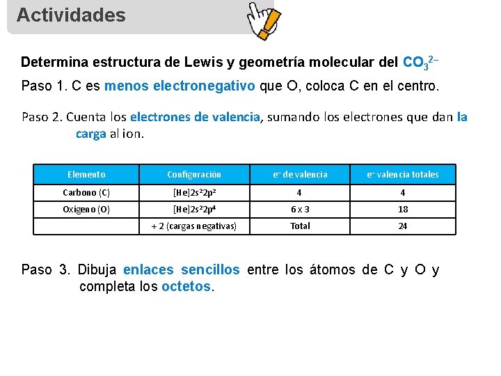 Actividades Determina estructura de Lewis y geometría molecular del CO 32– Paso 1. C