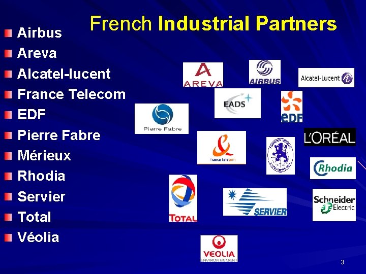 French Industrial Partners Airbus Areva Alcatel-lucent France Telecom EDF Pierre Fabre Mérieux Rhodia Servier