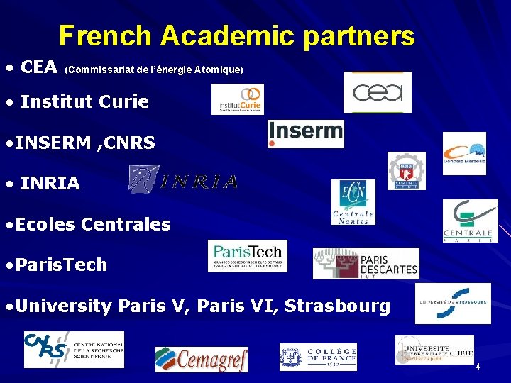 French Academic partners • CEA (Commissariat de l’énergie Atomique) • Institut Curie • INSERM