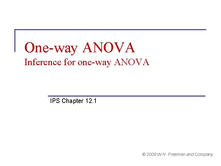 One-way ANOVA Inference for one-way ANOVA IPS Chapter 12. 1 © 2009 W. H.