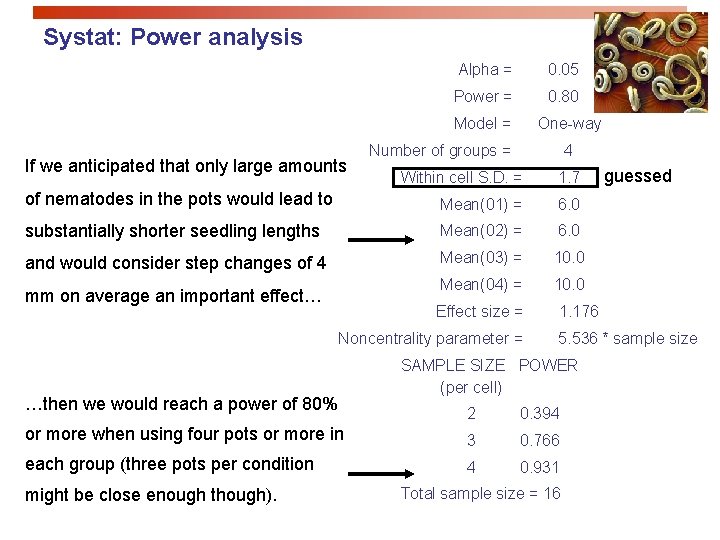Systat: Power analysis Alpha = 0. 05 Power = 0. 80 Model = If