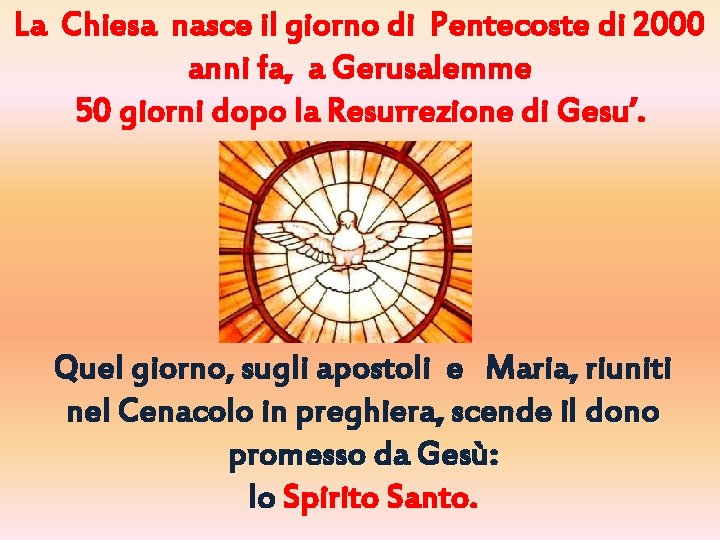 La Chiesa nasce il giorno di Pentecoste di 2000 anni fa, a Gerusalemme 50