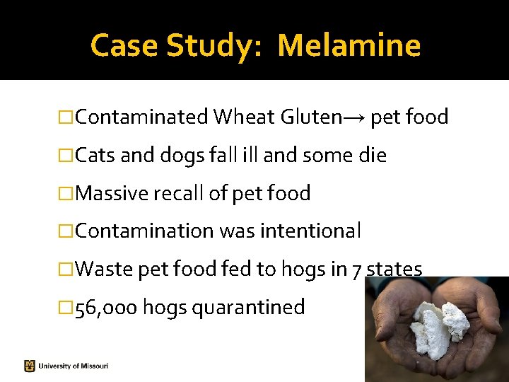 Case Study: Melamine �Contaminated Wheat Gluten→ pet food �Cats and dogs fall ill and Case Study: Melamine �Contaminated Wheat Gluten→ pet food �Cats and dogs fall ill and
