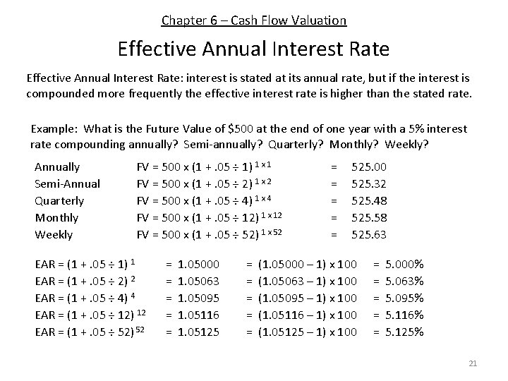 Chapter 6 – Cash Flow Valuation Effective Annual Interest Rate: interest is stated at