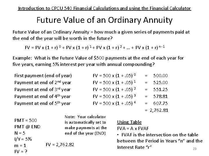 Introduction to CPCU 540 Financial Calculations and using the Financial Calculator Future Value of