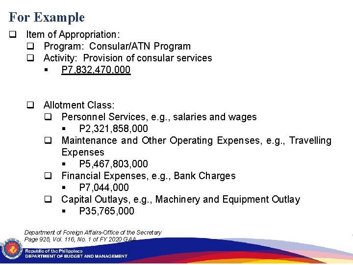 For Example q Item of Appropriation: q Program: Consular/ATN Program q Activity: Provision of