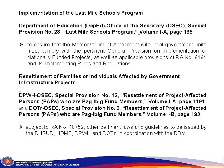 Implementation of the Last Mile Schools Program Department of Education (Dep. Ed)-Office of the
