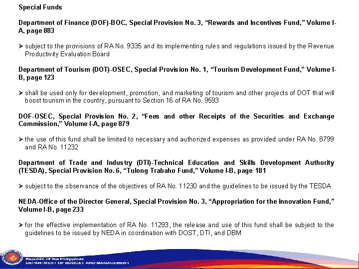 Special Funds Department of Finance (DOF)-BOC, Special Provision No. 3, “Rewards and Incentives Fund,