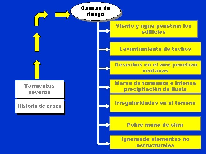 Causas de riesgo Viento y agua penetran los edificios Levantamiento de techos Desechos en