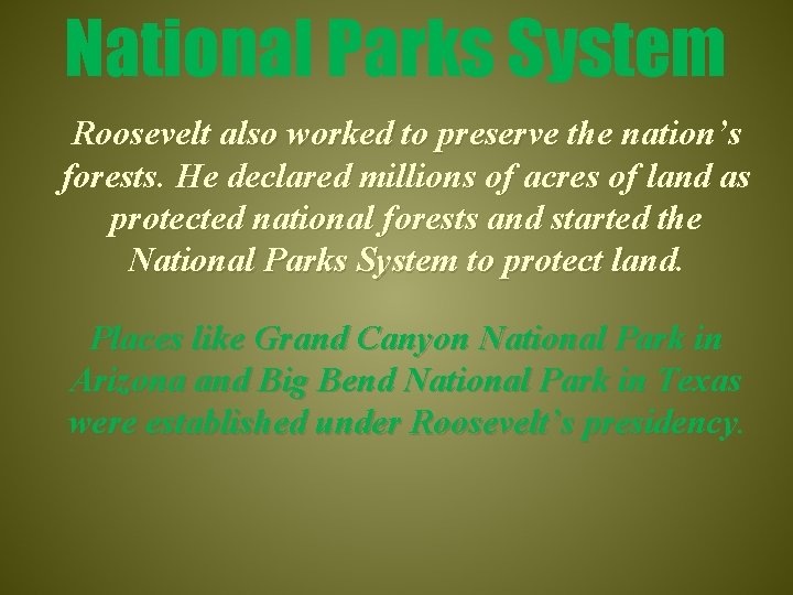 National Parks System Roosevelt also worked to preserve the nation’s forests. He declared millions