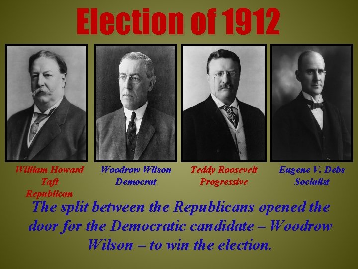 Election of 1912 William Howard Taft Republican Woodrow Wilson Democrat Teddy Roosevelt Progressive Eugene