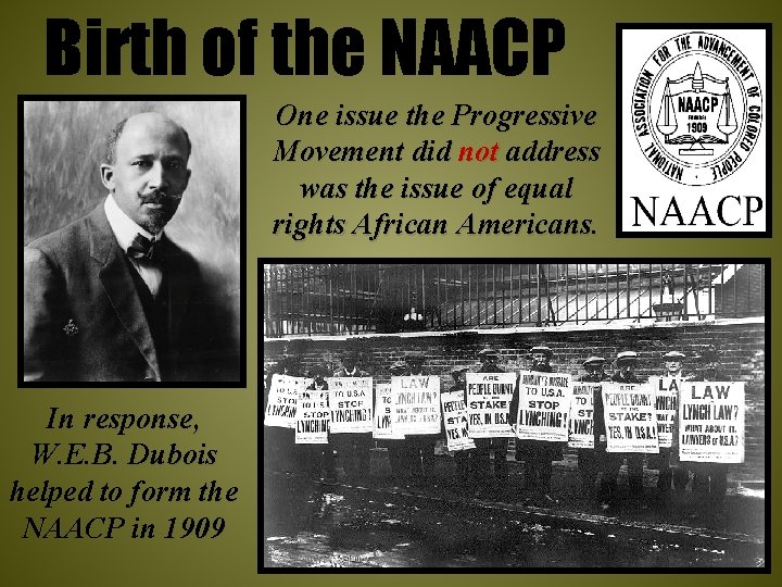 Birth of the NAACP One issue the Progressive Movement did not address was the