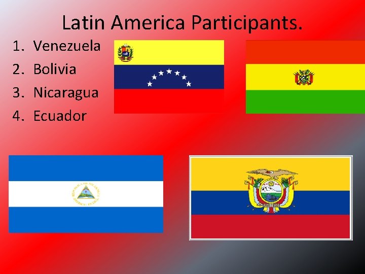 1. 2. 3. 4. Latin America Participants. Venezuela Bolivia Nicaragua Ecuador 