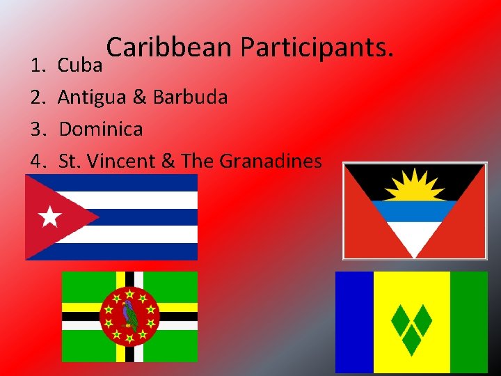 Caribbean Participants. 1. Cuba 2. Antigua & Barbuda 3. Dominica 4. St. Vincent &