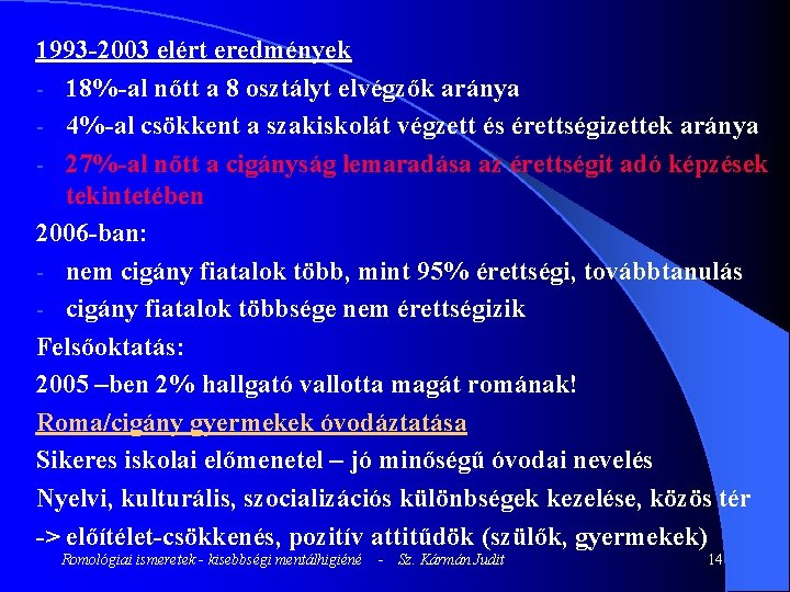 1993 -2003 elért eredmények - 18%-al nőtt a 8 osztályt elvégzők aránya - 4%-al