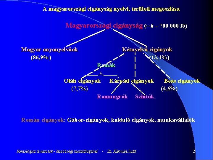 A magyarországi cigányság nyelvi, területi megoszlása Magyarországi cigányság (~ 6 – 700 000 fő)