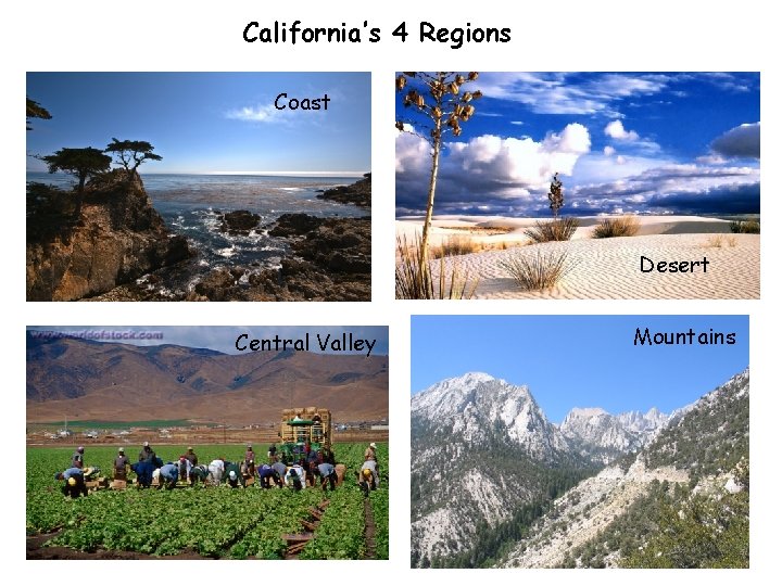 California’s 4 Regions Coast Desert Central Valley Mountains 