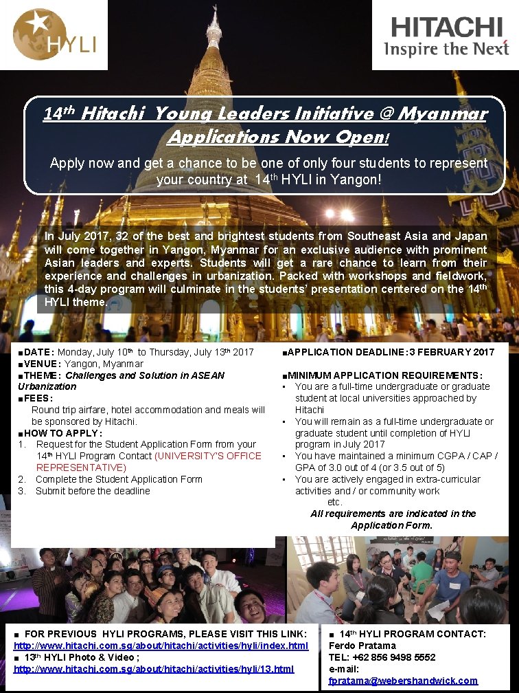 14 th Hitachi Young Leaders Initiative @ Myanmar 　　Applications Now Open! Apply now and