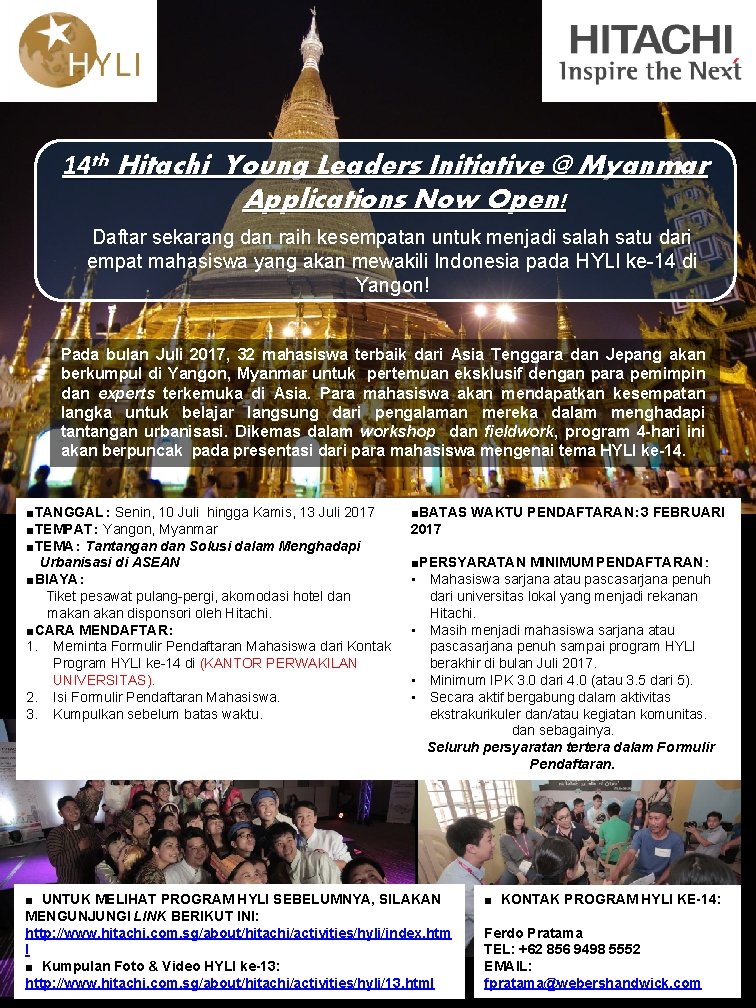 14 th Hitachi Young Leaders Initiative @ Myanmar 　　Applications Now Open! Daftar sekarang dan