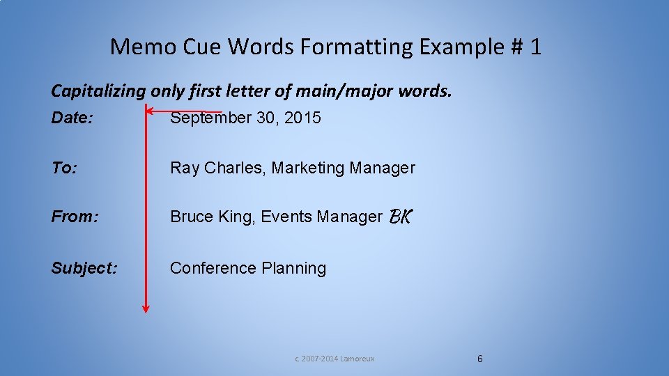 Memo Cue Words Formatting Example # 1 Capitalizing only first letter of main/major words.