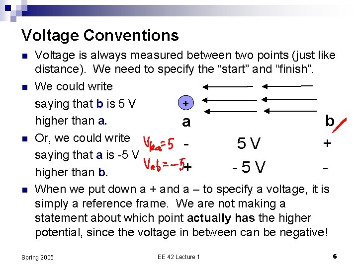 Voltage Conventions n n Voltage is always measured between two points (just like distance).