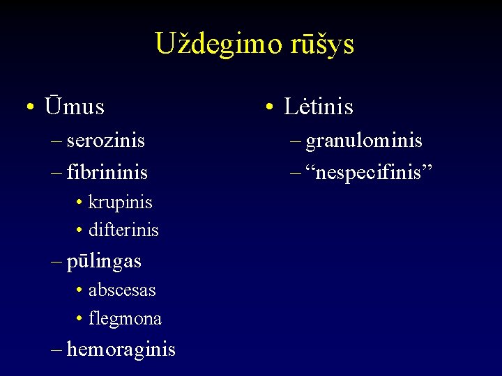 Uždegimo rūšys • Ūmus – serozinis – fibrininis • krupinis • difterinis – pūlingas