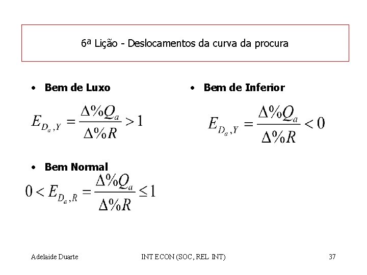 6ª Lição - Deslocamentos da curva da procura • Bem de Luxo • Bem