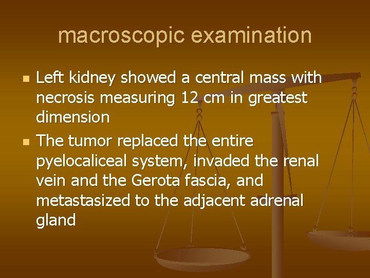 macroscopic examination n n Left kidney showed a central mass with necrosis measuring 12