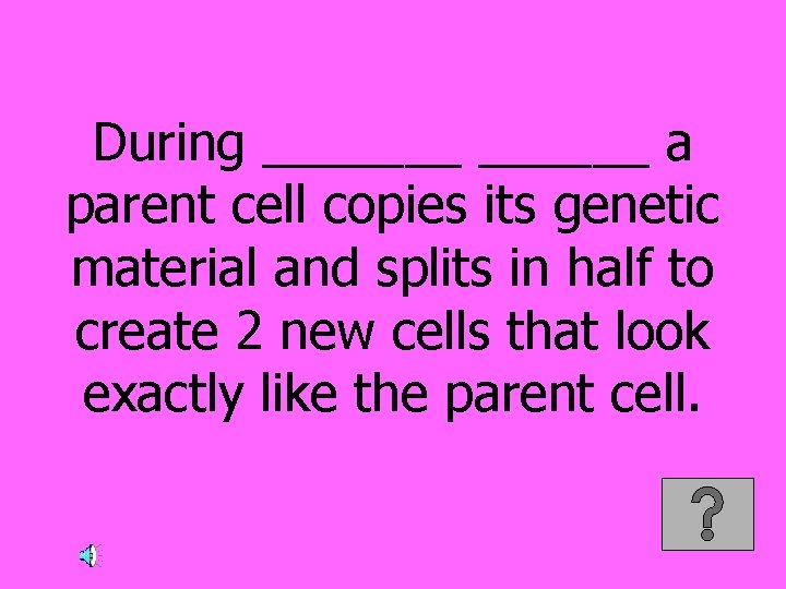 During _______ a parent cell copies its genetic material and splits in half to