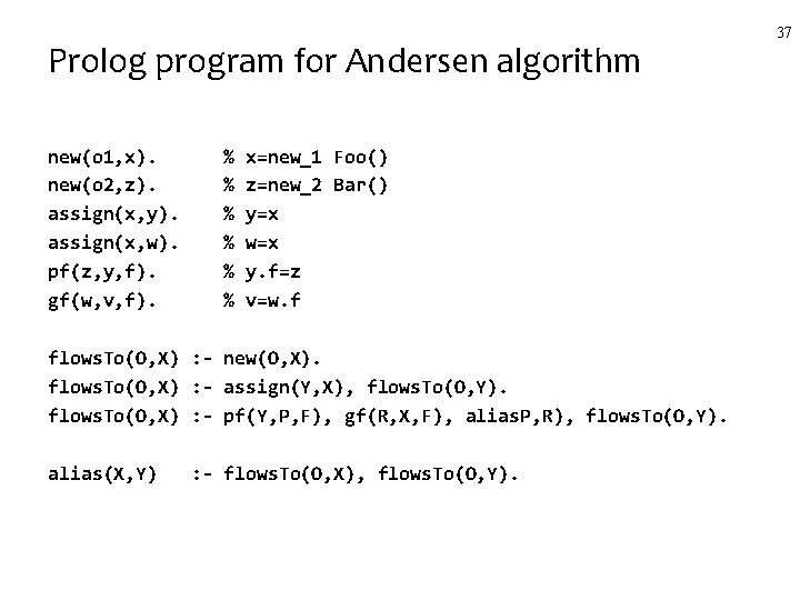 Prolog program for Andersen algorithm new(o 1, x). new(o 2, z). assign(x, y). assign(x,