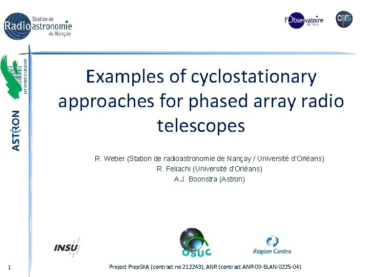 Examples of cyclostationary approaches for phased array radio telescopes R. Weber (Station de radioastronomie